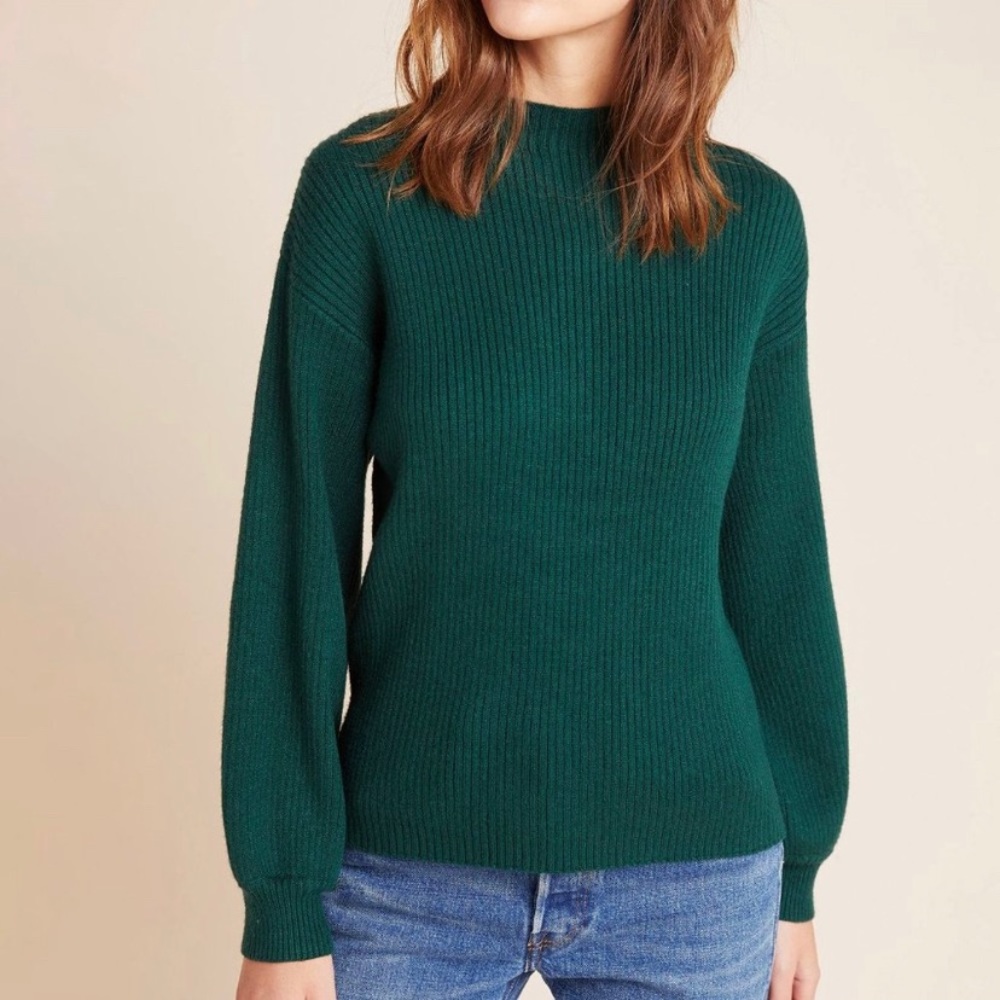 Anthropologie Forest Green Ribbed Crewneck Sweater